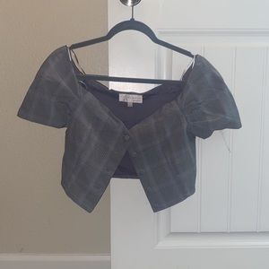 Gray white and black top